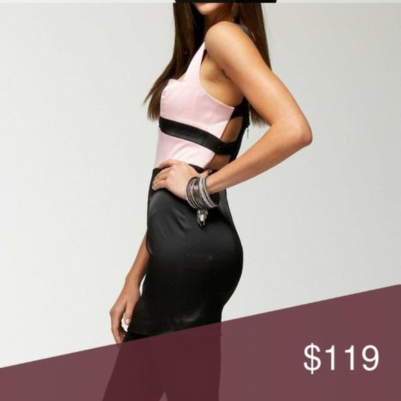 Bebe Pink and Black Satin Color Block Cut Out Dress  size Small - Picture 2 of 10